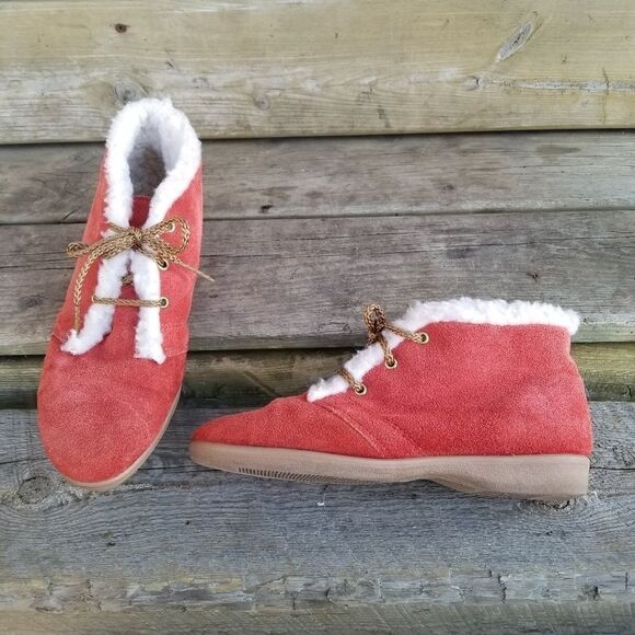 Vintage 70s Orange Suede Leather Sherpa Fleece Lined Lace-up Boho Ankle Boots 8 - Picture 1 of 9